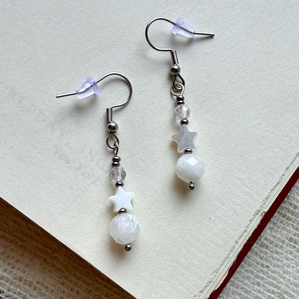 Handmade Dainty Moonstone, Clear Quartz and Mother of Pearl Star Earrings